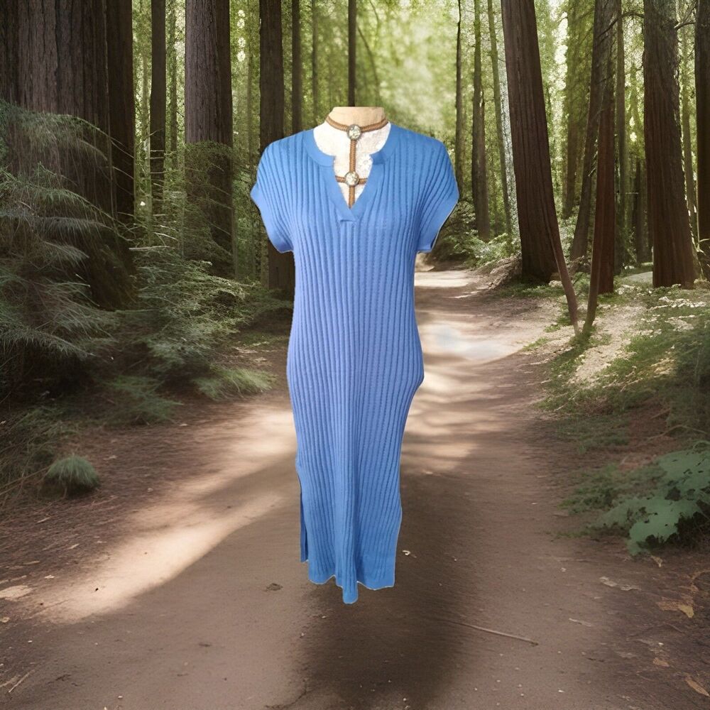 Alp N Rock Sweater Dress M Blue Ribbed V Neck Cotton Knit‎ Maxi Side Slits ANR+